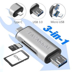 TEC TAVAKKAL Card Reader, USB 3.0 All-in-1 USB 3.0/USB C/Micro USB Card Reader (Silver)