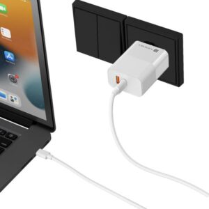 PORTRONICS ADAPTO 65 PRO 65 W SuperVooc/Dash/Warp Adaptor, Dual Ports Outputs GaN Fast Wall Charger Comes with 100 W Unbreakable Nylon Braided Type C to Type C Fast Charging Cable (BLACK)
