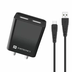 PORTRONICS ADAPTO 66 2.4A 12w Dual USB Port 5V/2.4A Wall Charger, Comes with 1M Micro USB Cable, USB Wall Charger Adapter for iPhone 11/Xs/XS Max/XR/X/8/7/6/Plus, iPad Pro/Air 2/Mini 3/Mini 4, Samsung S4/S5, and More (BLACK)